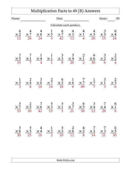 The Multiplication Facts to 49 (50 Questions) (No Zeros) (B) Math Worksheet Page 2