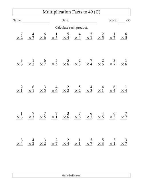 The Multiplication Facts to 49 (50 Questions) (No Zeros) (C) Math Worksheet