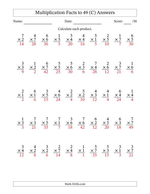 The Multiplication Facts to 49 (50 Questions) (No Zeros) (C) Math Worksheet Page 2