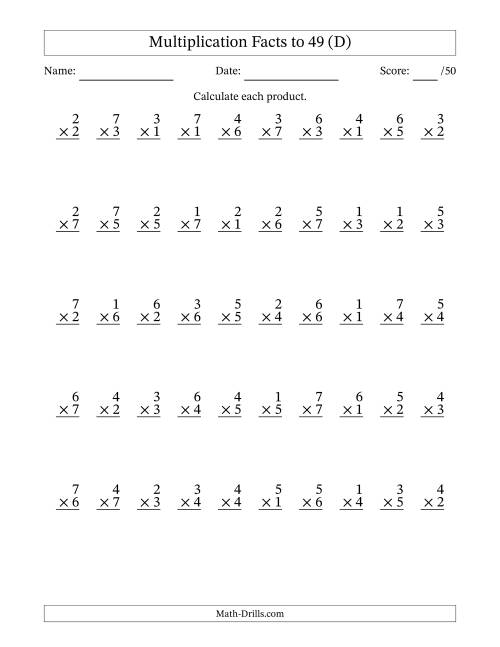 The Multiplication Facts to 49 (50 Questions) (No Zeros) (D) Math Worksheet