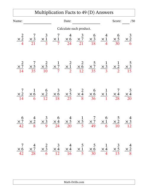 The Multiplication Facts to 49 (50 Questions) (No Zeros) (D) Math Worksheet Page 2