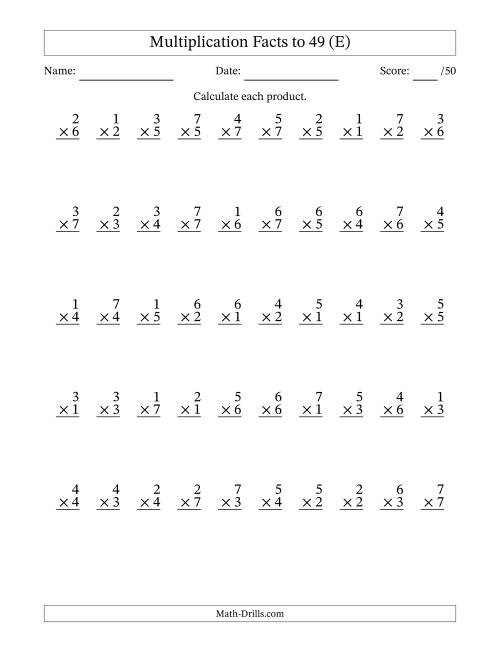 The Multiplication Facts to 49 (50 Questions) (No Zeros) (E) Math Worksheet
