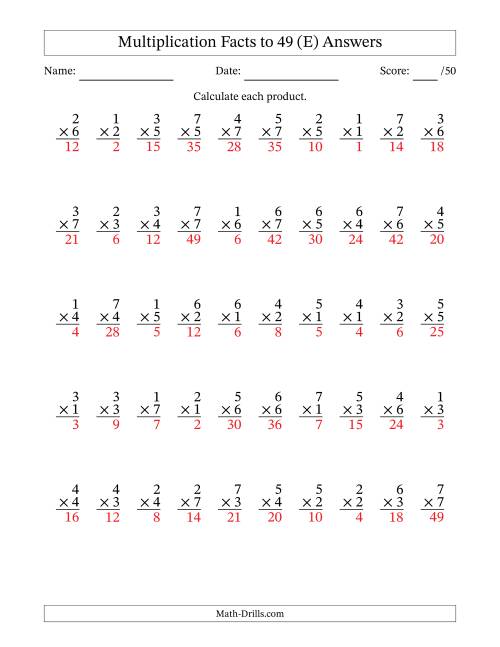The Multiplication Facts to 49 (50 Questions) (No Zeros) (E) Math Worksheet Page 2
