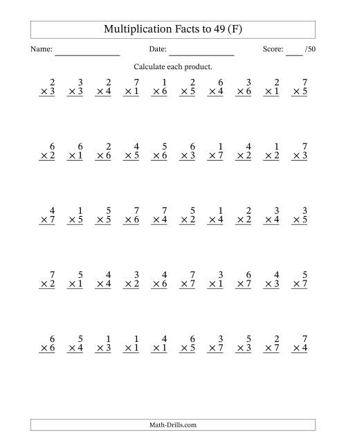 The Multiplication Facts to 49 (50 Questions) (No Zeros) (F) Math Worksheet
