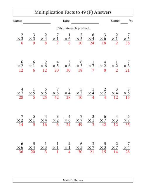 The Multiplication Facts to 49 (50 Questions) (No Zeros) (F) Math Worksheet Page 2