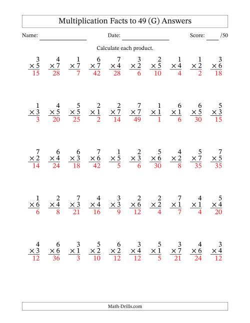 The Multiplication Facts to 49 (50 Questions) (No Zeros) (G) Math Worksheet Page 2