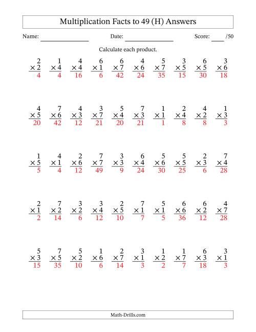 The Multiplication Facts to 49 (50 Questions) (No Zeros) (H) Math Worksheet Page 2