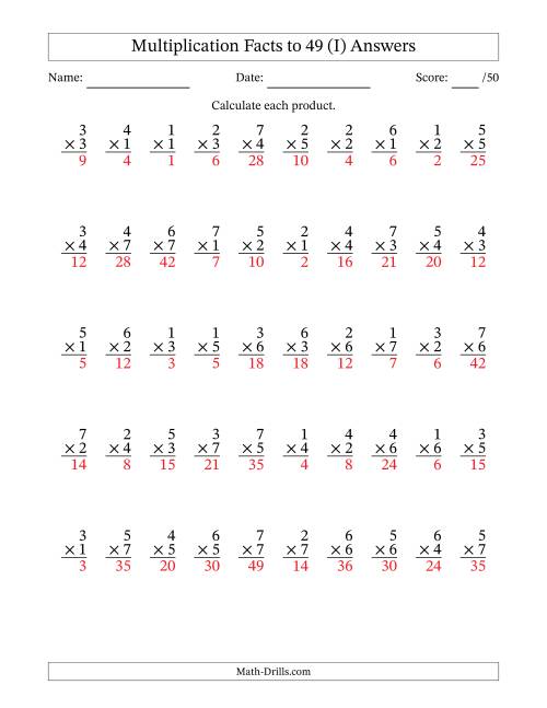 The Multiplication Facts to 49 (50 Questions) (No Zeros) (I) Math Worksheet Page 2