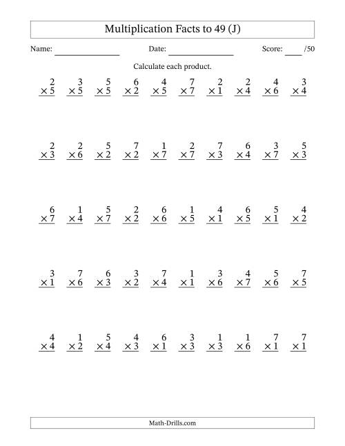 The Multiplication Facts to 49 (50 Questions) (No Zeros) (J) Math Worksheet