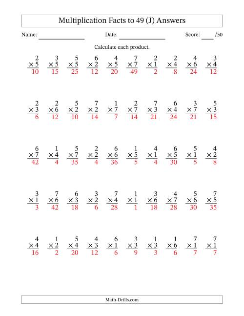 The Multiplication Facts to 49 (50 Questions) (No Zeros) (J) Math Worksheet Page 2