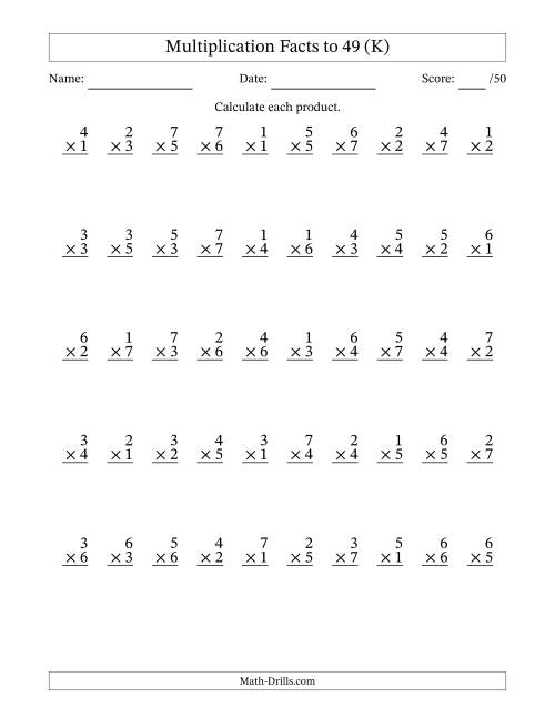 The Multiplication Facts to 49 (50 Questions) (No Zeros) (K) Math Worksheet