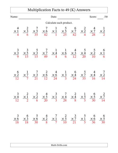 The Multiplication Facts to 49 (50 Questions) (No Zeros) (K) Math Worksheet Page 2