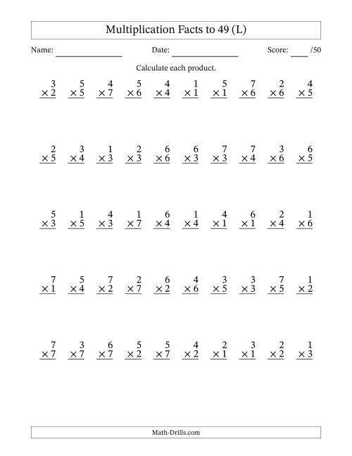 The Multiplication Facts to 49 (50 Questions) (No Zeros) (L) Math Worksheet