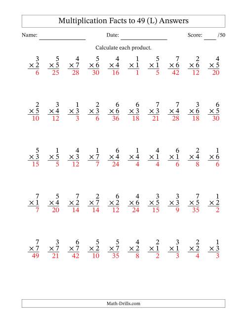 The Multiplication Facts to 49 (50 Questions) (No Zeros) (L) Math Worksheet Page 2