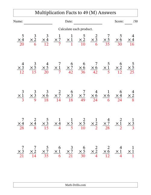 The Multiplication Facts to 49 (50 Questions) (No Zeros) (M) Math Worksheet Page 2