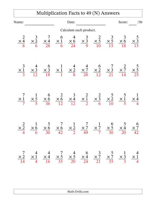 The Multiplication Facts to 49 (50 Questions) (No Zeros) (N) Math Worksheet Page 2