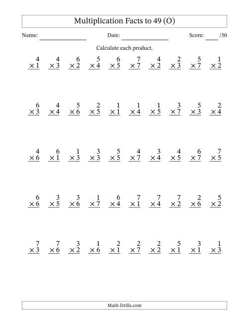 The Multiplication Facts to 49 (50 Questions) (No Zeros) (O) Math Worksheet