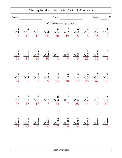 The Multiplication Facts to 49 (50 Questions) (No Zeros) (O) Math Worksheet Page 2