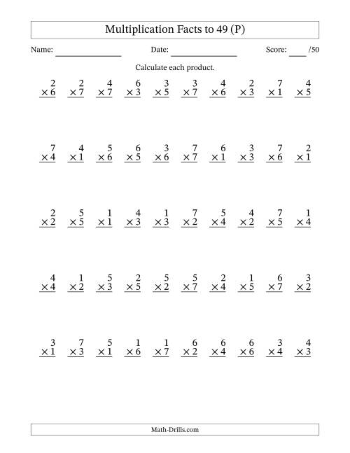 The Multiplication Facts to 49 (50 Questions) (No Zeros) (P) Math Worksheet