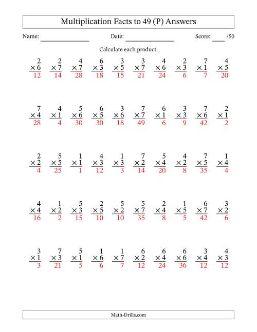 The Multiplication Facts to 49 (50 Questions) (No Zeros) (P) Math Worksheet Page 2