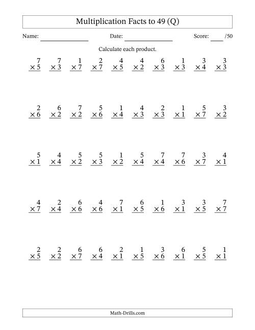 The Multiplication Facts to 49 (50 Questions) (No Zeros) (Q) Math Worksheet