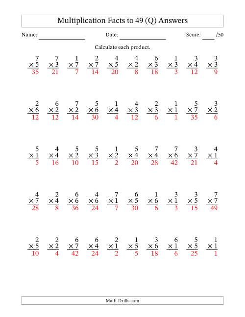 The Multiplication Facts to 49 (50 Questions) (No Zeros) (Q) Math Worksheet Page 2