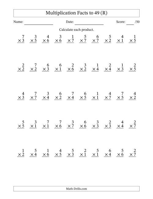 The Multiplication Facts to 49 (50 Questions) (No Zeros) (R) Math Worksheet