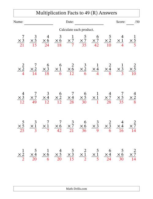 The Multiplication Facts to 49 (50 Questions) (No Zeros) (R) Math Worksheet Page 2