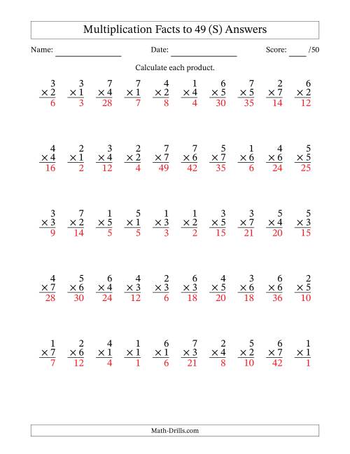 The Multiplication Facts to 49 (50 Questions) (No Zeros) (S) Math Worksheet Page 2
