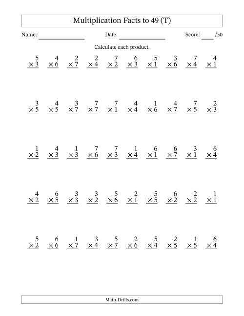 The Multiplication Facts to 49 (50 Questions) (No Zeros) (T) Math Worksheet