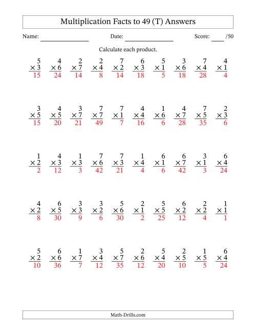 The Multiplication Facts to 49 (50 Questions) (No Zeros) (T) Math Worksheet Page 2