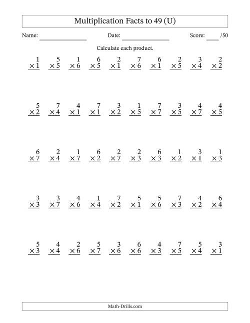 The Multiplication Facts to 49 (50 Questions) (No Zeros) (U) Math Worksheet
