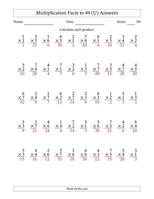 The Multiplication Facts to 49 (50 Questions) (No Zeros) (U) Math Worksheet Page 2