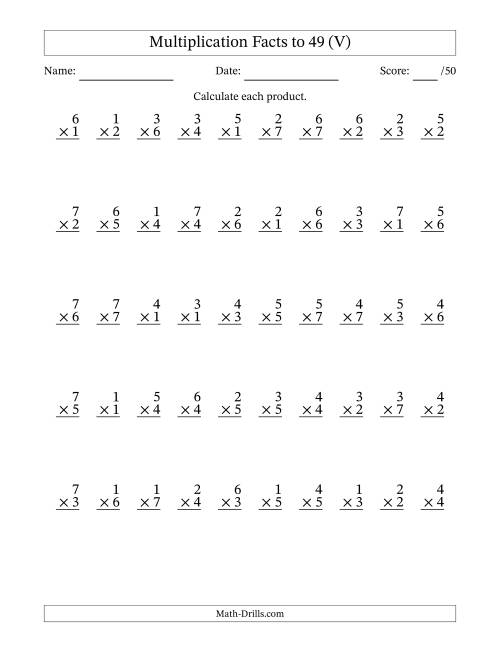 The Multiplication Facts to 49 (50 Questions) (No Zeros) (V) Math Worksheet