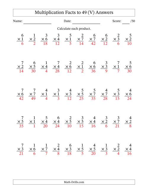 The Multiplication Facts to 49 (50 Questions) (No Zeros) (V) Math Worksheet Page 2