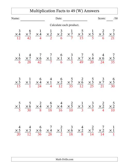 The Multiplication Facts to 49 (50 Questions) (No Zeros) (W) Math Worksheet Page 2
