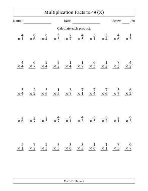 The Multiplication Facts to 49 (50 Questions) (No Zeros) (X) Math Worksheet