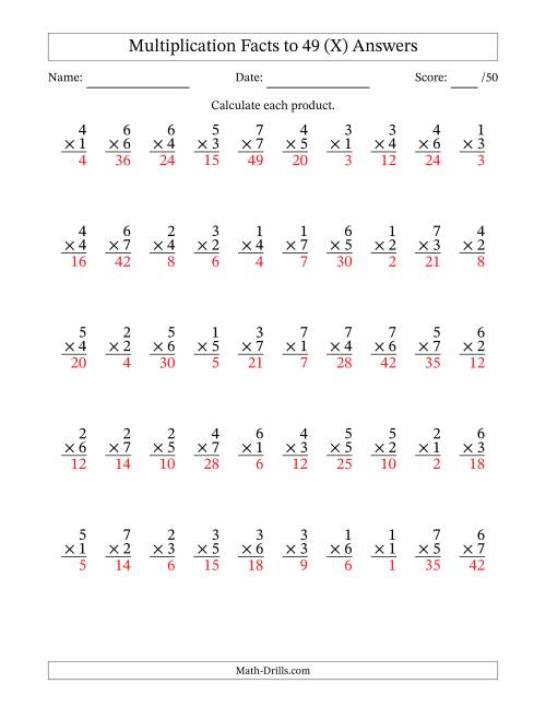 The Multiplication Facts to 49 (50 Questions) (No Zeros) (X) Math Worksheet Page 2