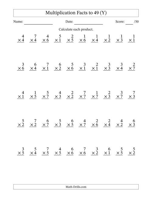 The Multiplication Facts to 49 (50 Questions) (No Zeros) (Y) Math Worksheet