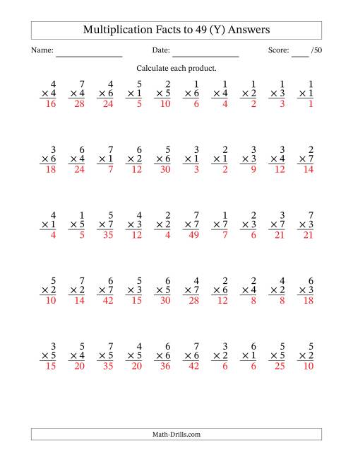 The Multiplication Facts to 49 (50 Questions) (No Zeros) (Y) Math Worksheet Page 2