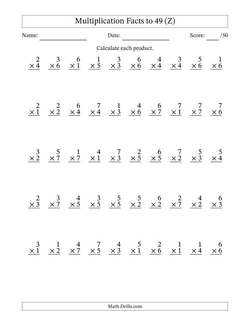 The Multiplication Facts to 49 (50 Questions) (No Zeros) (Z) Math Worksheet