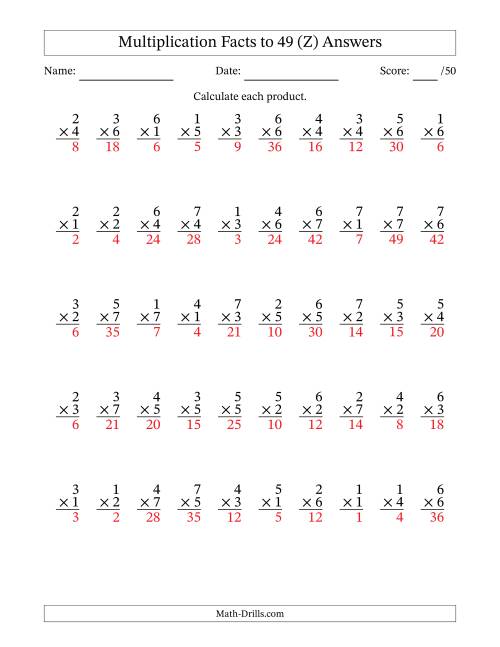 The Multiplication Facts to 49 (50 Questions) (No Zeros) (Z) Math Worksheet Page 2