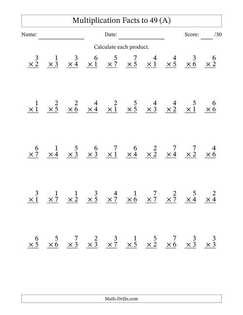 The Multiplication Facts to 49 (50 Questions) (No Zeros) (All) Math Worksheet