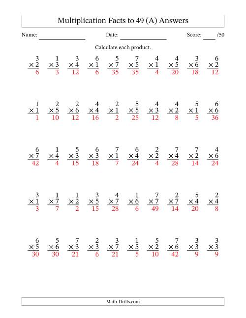 The Multiplication Facts to 49 (50 Questions) (No Zeros) (All) Math Worksheet Page 2