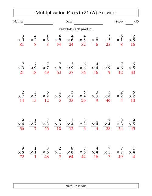 The Multiplication Facts to 81 (50 Questions) (No Zeros) (A) Math Worksheet Page 2