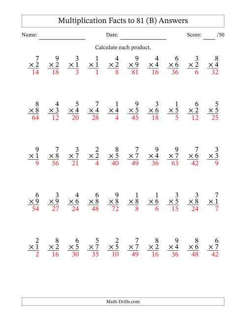 The Multiplication Facts to 81 (50 Questions) (No Zeros) (B) Math Worksheet Page 2