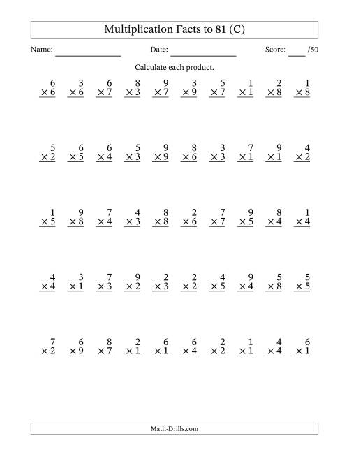 The Multiplication Facts to 81 (50 Questions) (No Zeros) (C) Math Worksheet