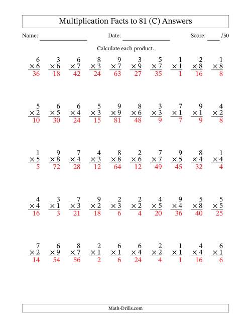 The Multiplication Facts to 81 (50 Questions) (No Zeros) (C) Math Worksheet Page 2