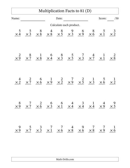 The Multiplication Facts to 81 (50 Questions) (No Zeros) (D) Math Worksheet