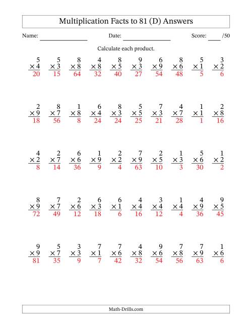 The Multiplication Facts to 81 (50 Questions) (No Zeros) (D) Math Worksheet Page 2